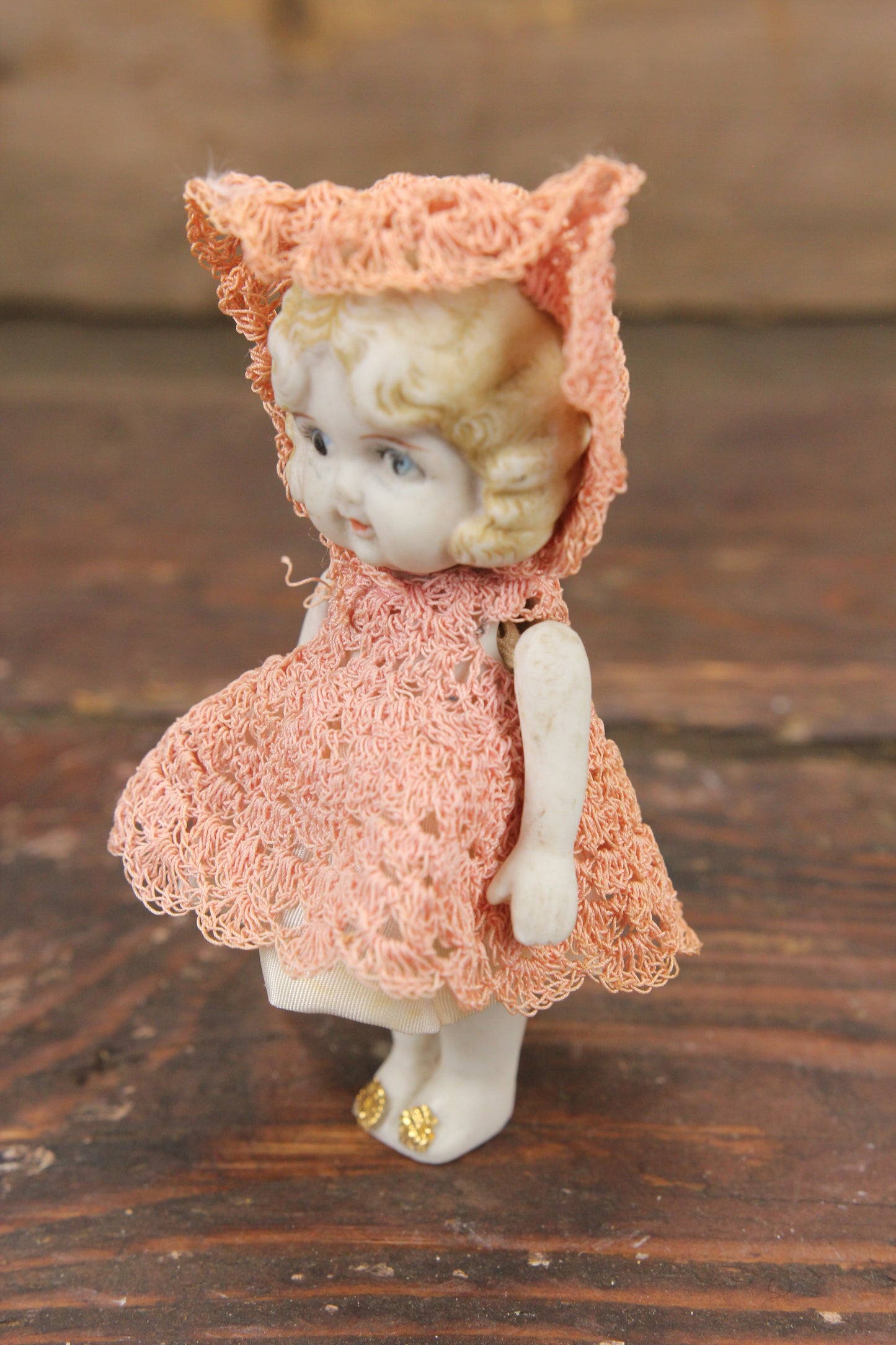 Bisque Kewpie-Like Flapper Doll with Pink Knit Hooded Dress, Made in Japan, 5"