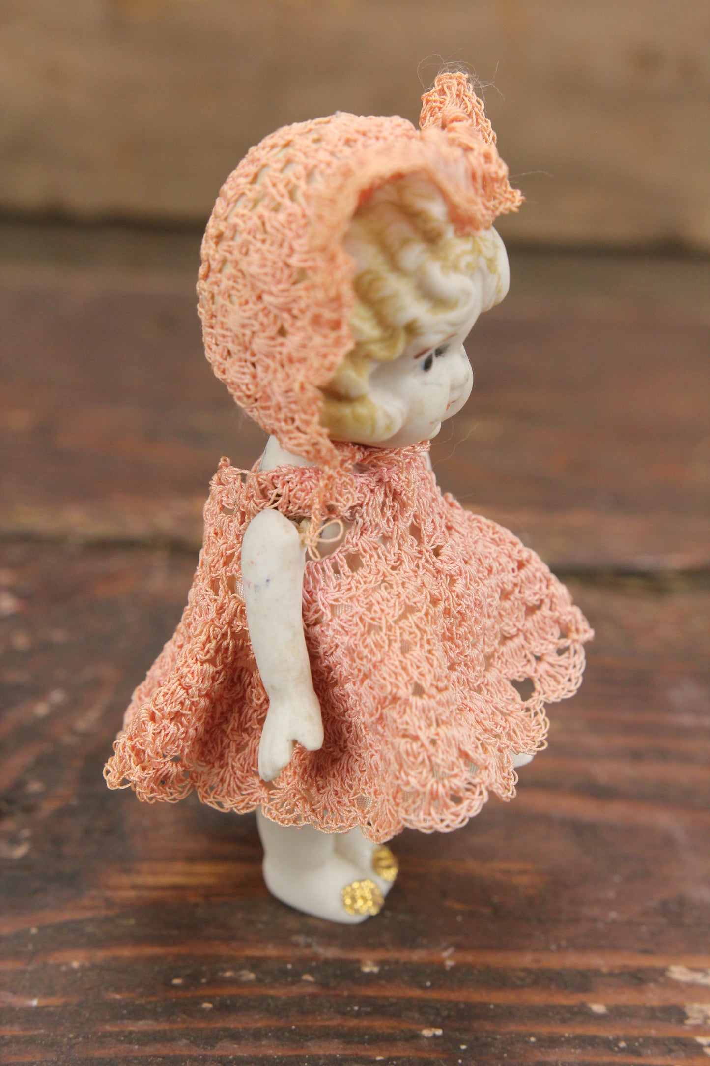 Bisque Kewpie-Like Flapper Doll with Pink Knit Hooded Dress, Made in Japan, 5"