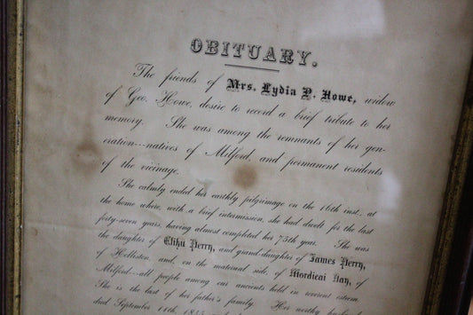 Framed Obituary of Mrs. Lydia P. Howe of Milford, Massachusetts, Dated July 1870