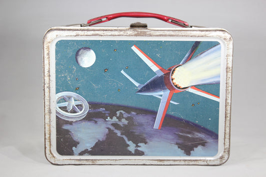 Retro Futuristic Outer Space Themed Thermos Brand Metal Lunchbox, 1950s