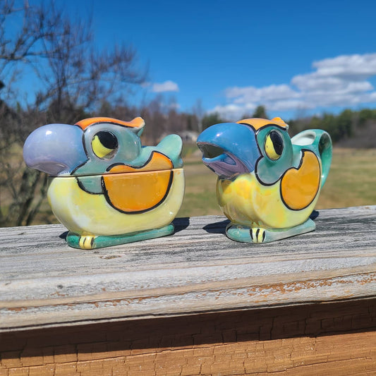 Anthropomorphic Bird Parrot Lusterware Cream and Sugar Set, Made in Japan