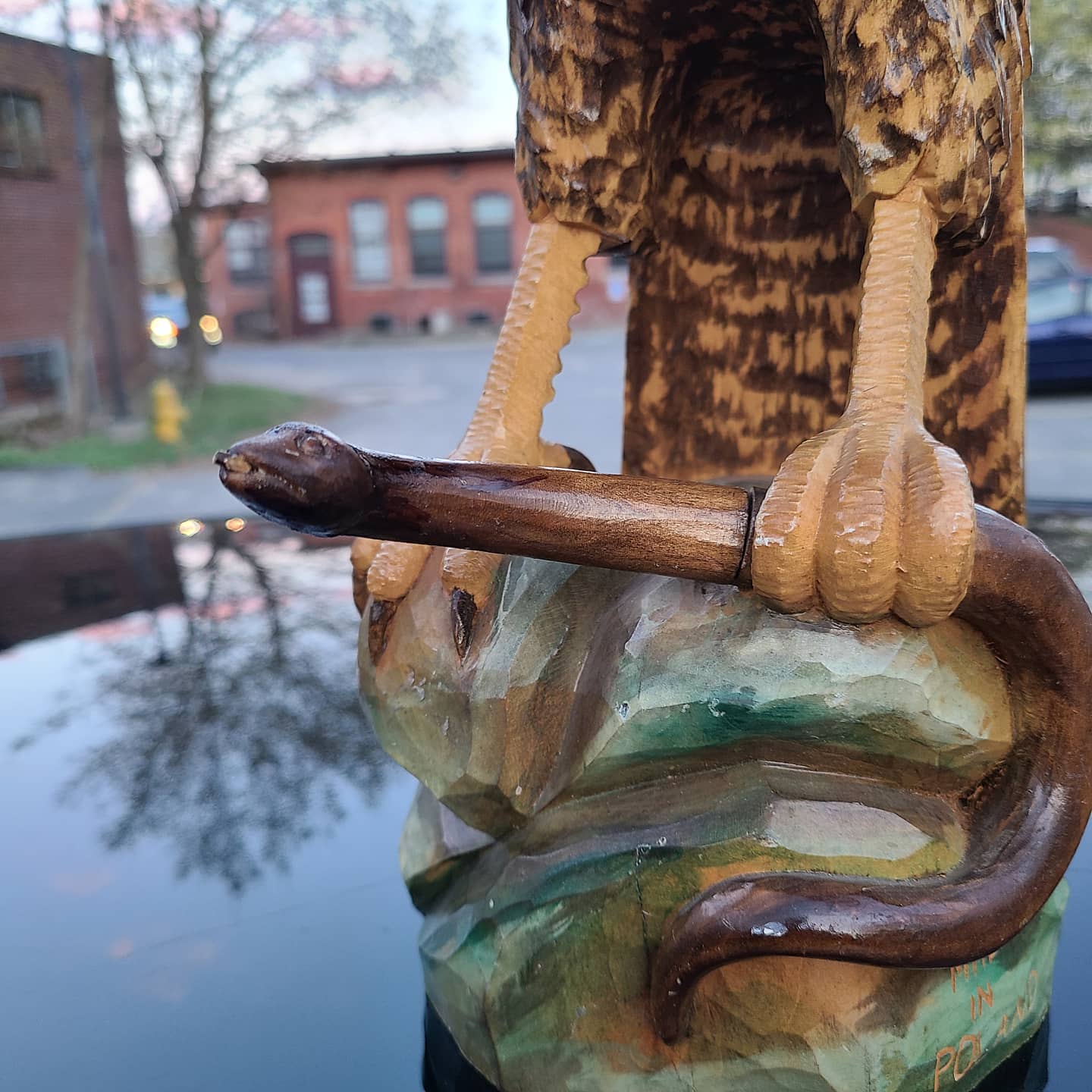 Hand Carved Wooden Eagle Clutching Snake Statue, Made in Poland