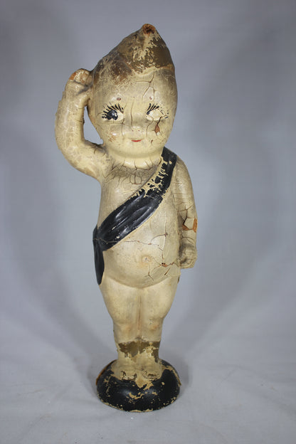 Antique Saluting Kewpie 13" Composition Doll with Military Hat and Blue Sash, 1920s