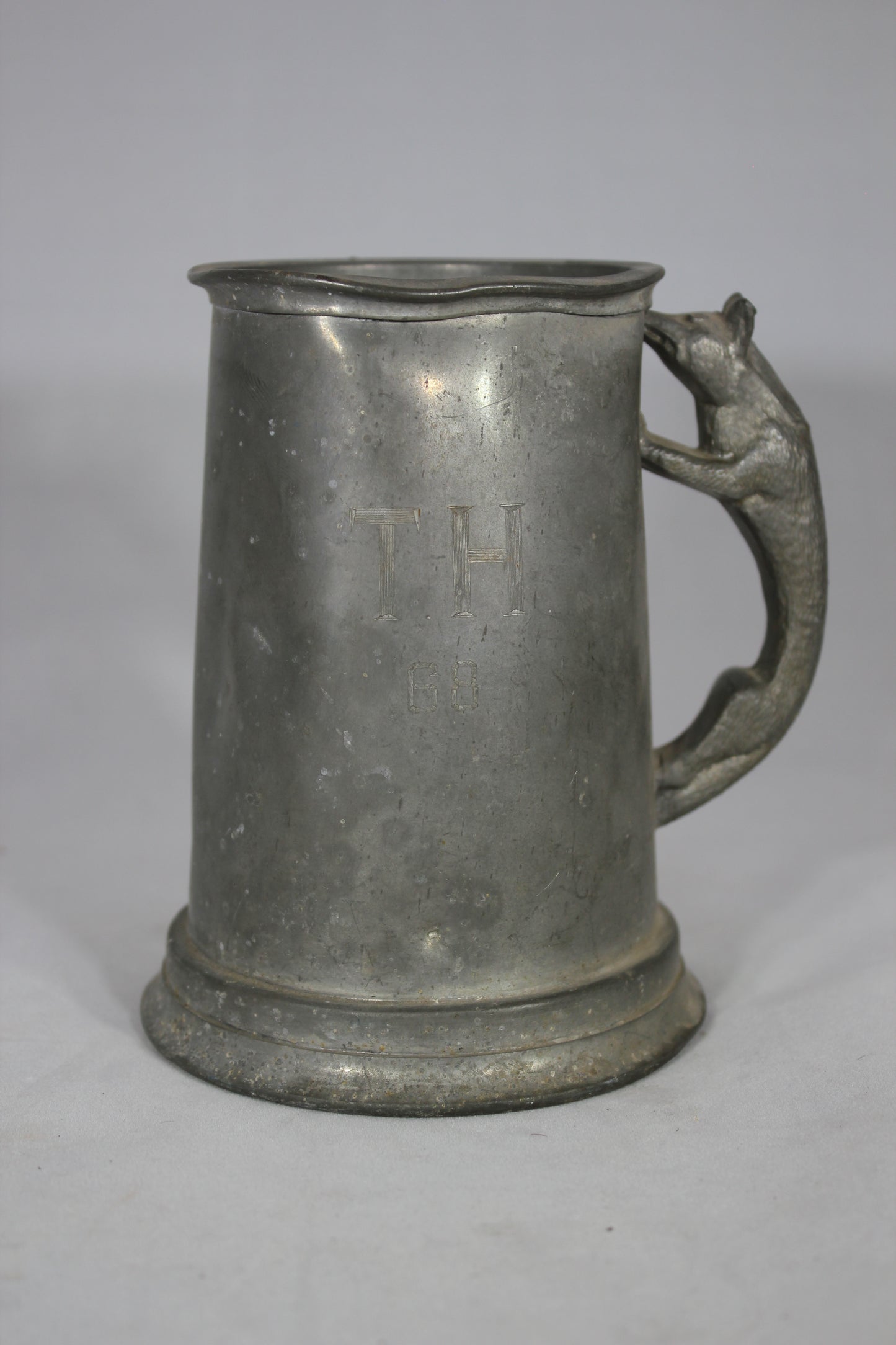 Antique Silver Plate Stein with Fox Handle, Marked TH, 68, Made in England
