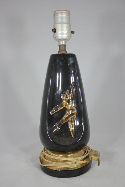 Mid-Century Black Ceramic Lamp with Golden Ballerina