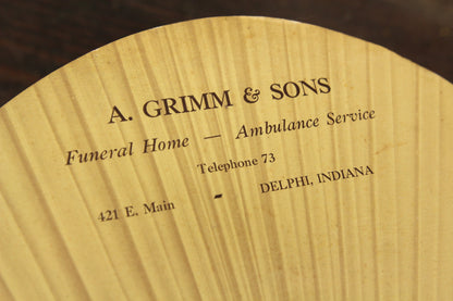 A. Grimm & Sons Funeral Home, Delphi, Indiana Advertising Church Fan