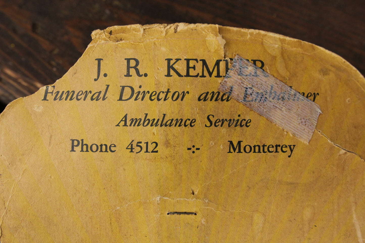 J.R. Kemper Funeral Director & Embalmer, Monterey, CA Advertising Church Fan