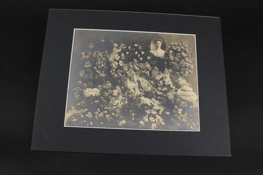 Antique Matted Funeral Flower Arrangement Photograph for Beda, Daughter & Sister