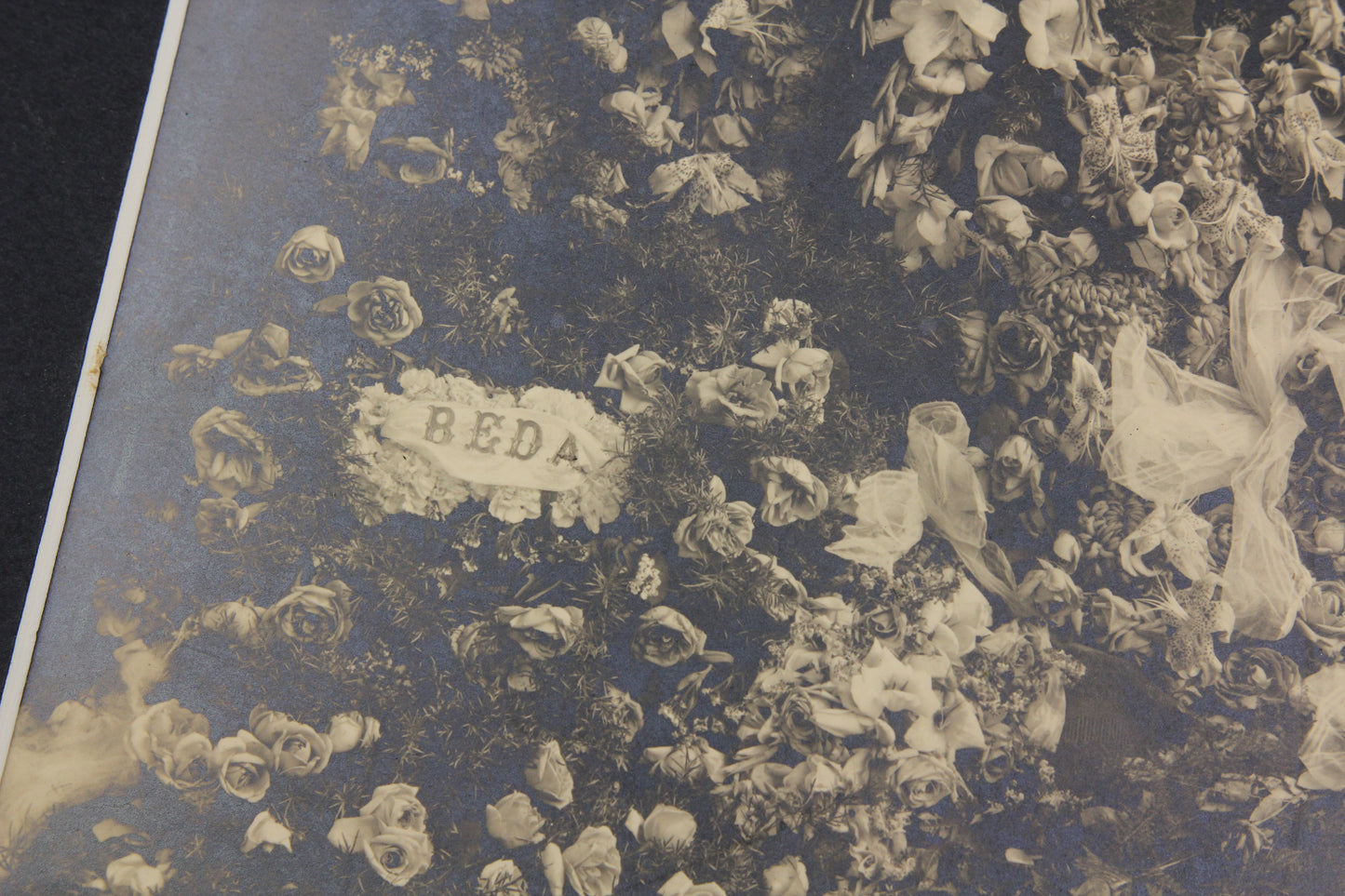 Antique Matted Funeral Flower Arrangement Photograph for Beda, Daughter & Sister