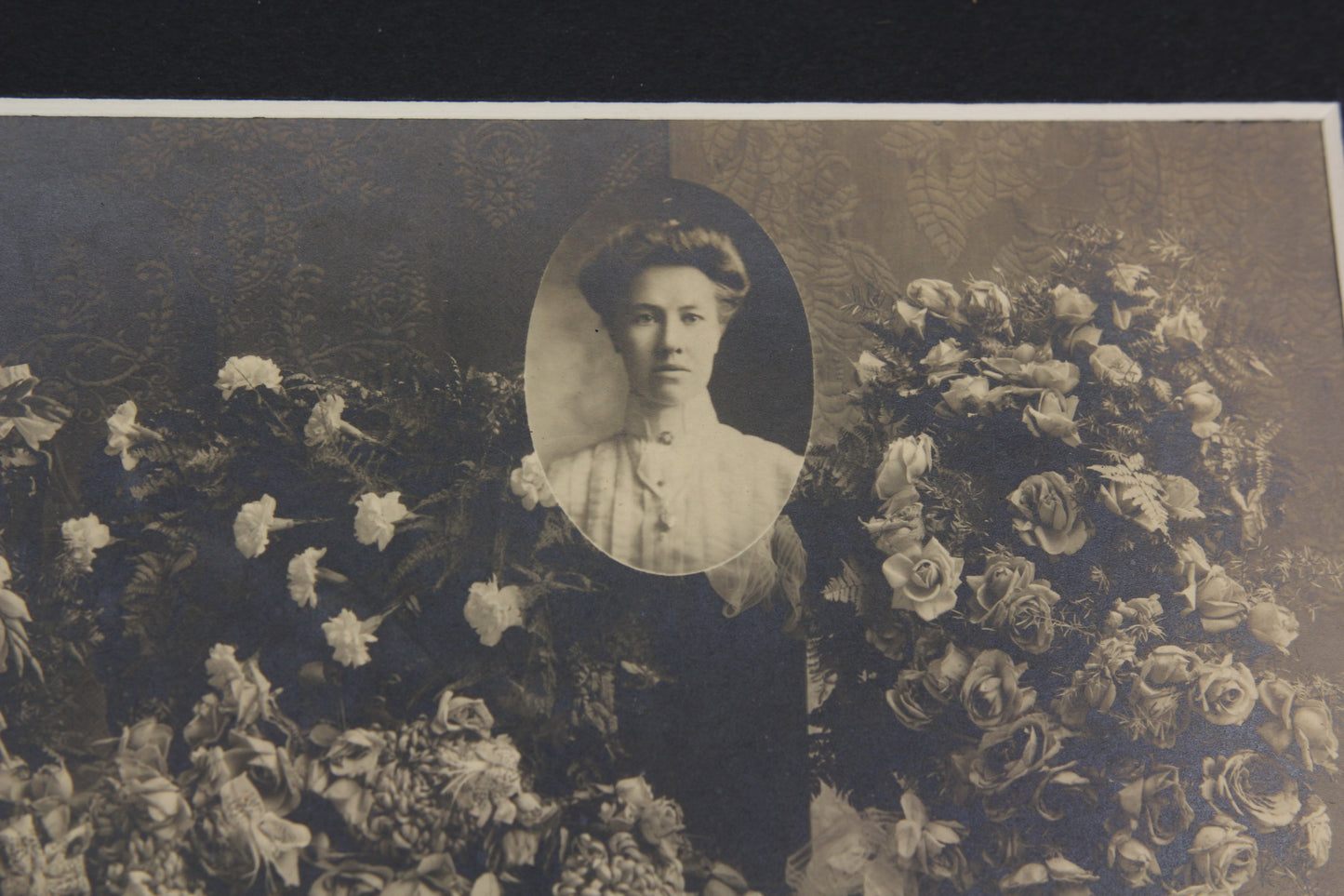 Antique Matted Funeral Flower Arrangement Photograph for Beda, Daughter & Sister