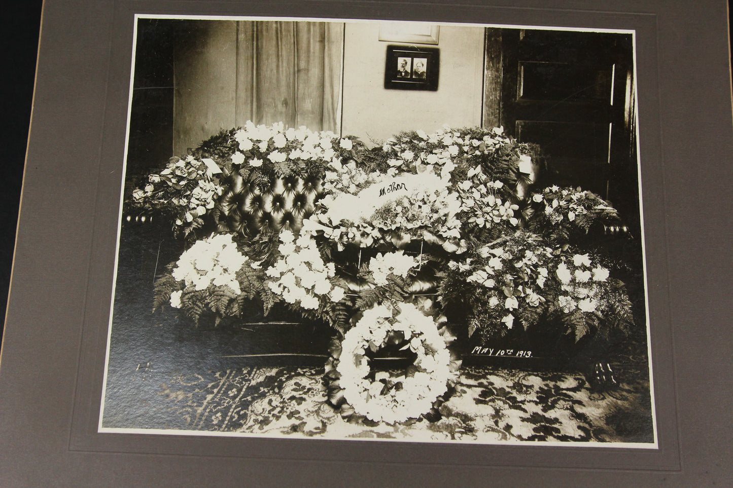 Antique Matted Funeral Flower Arrangement Photograph for Mother, Dated May 10th, 1913