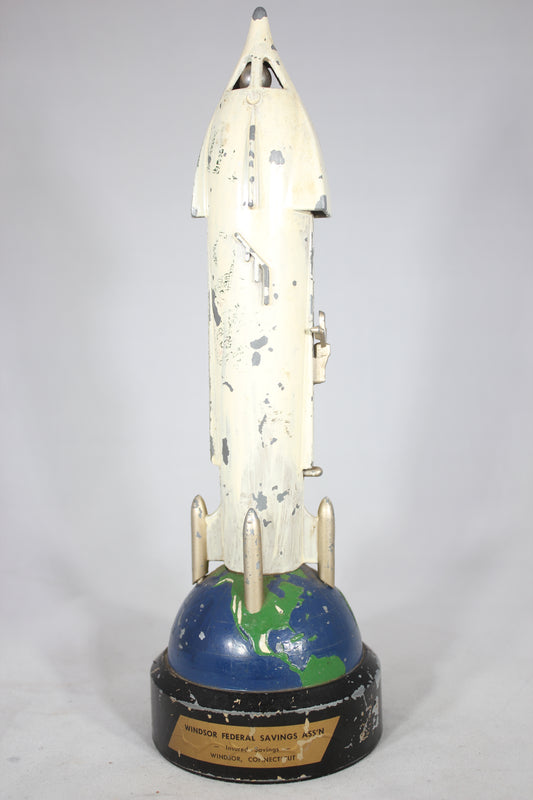 The Satellite Bank by Duro Mold and M.F.G. Inc., Mechanical Spaceship Rocket Metal Coin Bank