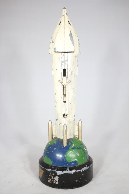 The Satellite Bank by Duro Mold and M.F.G. Inc., Mechanical Spaceship Rocket Metal Coin Bank