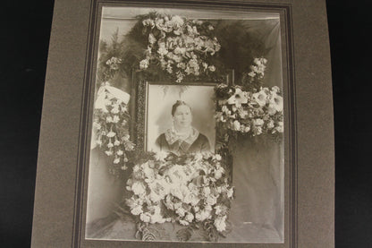 Antique Matted Funeral Flower Arrangement Photograph for Mother with Photo of Deceased