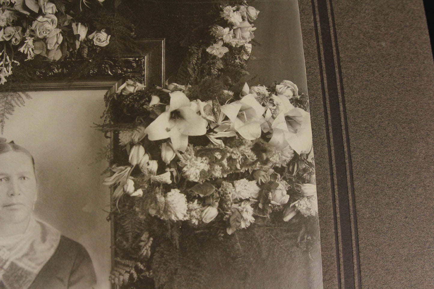 Antique Matted Funeral Flower Arrangement Photograph for Mother with Photo of Deceased