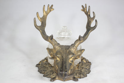 Antique Gilt Bronze 14-Point Buck Pen Rest Base with Original Glass Inkwell