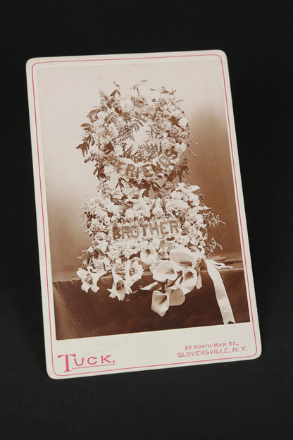 Antique Cabinet Card Funeral Flower Arrangement Photograph for Deceased Brother & Friend