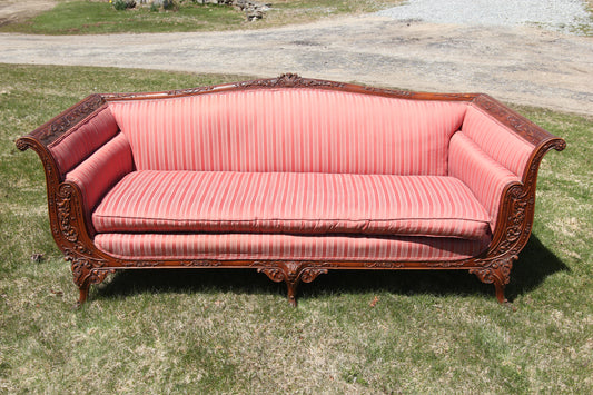 Antique 1920s Ornate Carved Wooden Sofa with Pink Upholstery