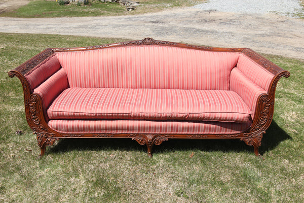 Antique 1920s Ornate Carved Wooden Sofa with Pink Upholstery