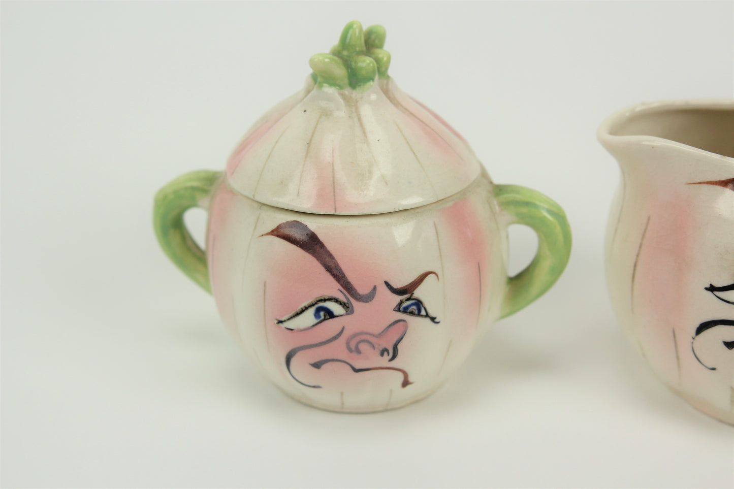 Anthropomorphic Onion Vegetable Face Man Sugar Bowl and Creamer