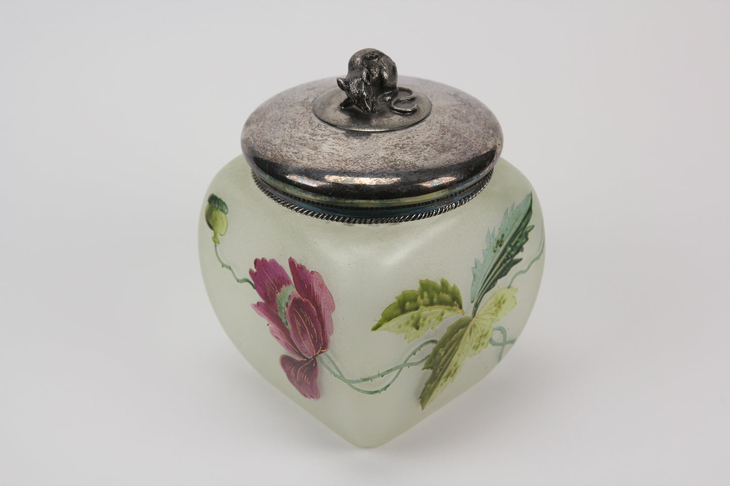 Frosted Glass Painted Flowers Biscuit Jar with Silver Plated Mouse Lid