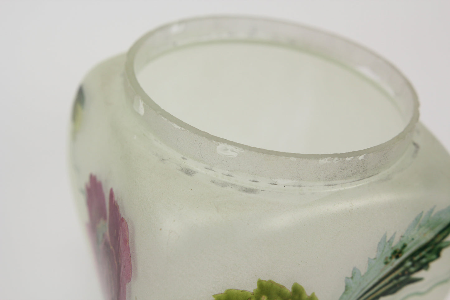 Frosted Glass Painted Flowers Biscuit Jar with Silver Plated Mouse Lid