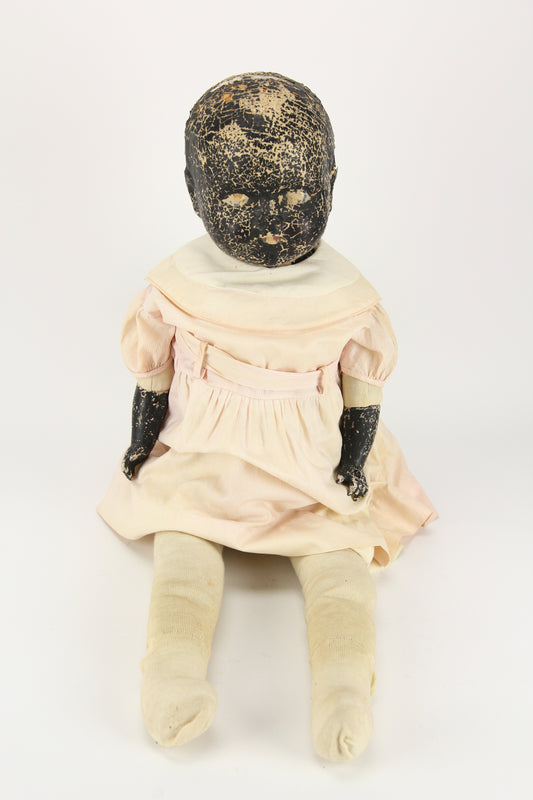 Antique Composition Black Baby Doll with Cloth Body and Vanta Clothes, 28"