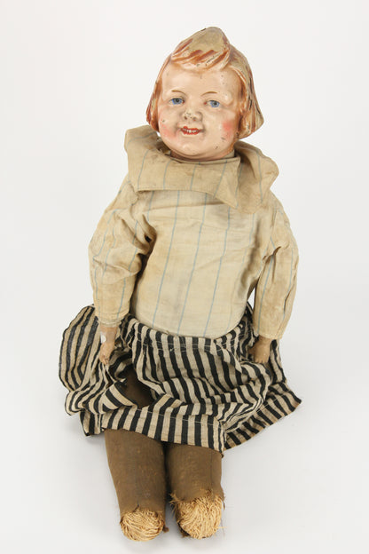 Antique Composition Creepy Little Girl Doll with Striped Clothes, 24"
