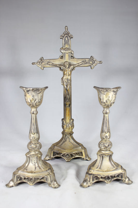 Free Standing Crucifix with Two Matching Candlesticks, Made in the USA