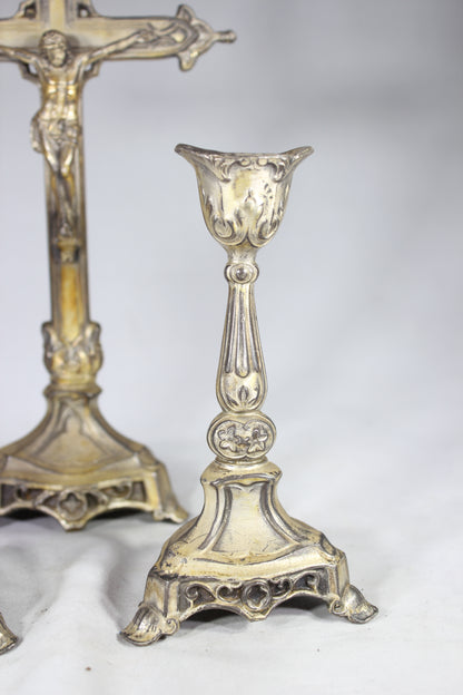 Free Standing Crucifix with Two Matching Candlesticks, Made in the USA