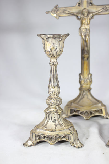 Free Standing Crucifix with Two Matching Candlesticks, Made in the USA