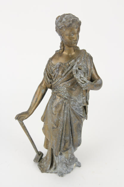 Antique Bronzed Pot Metal Clock Topper Statue of Goddess with a Gear and Blacksmith Hammer