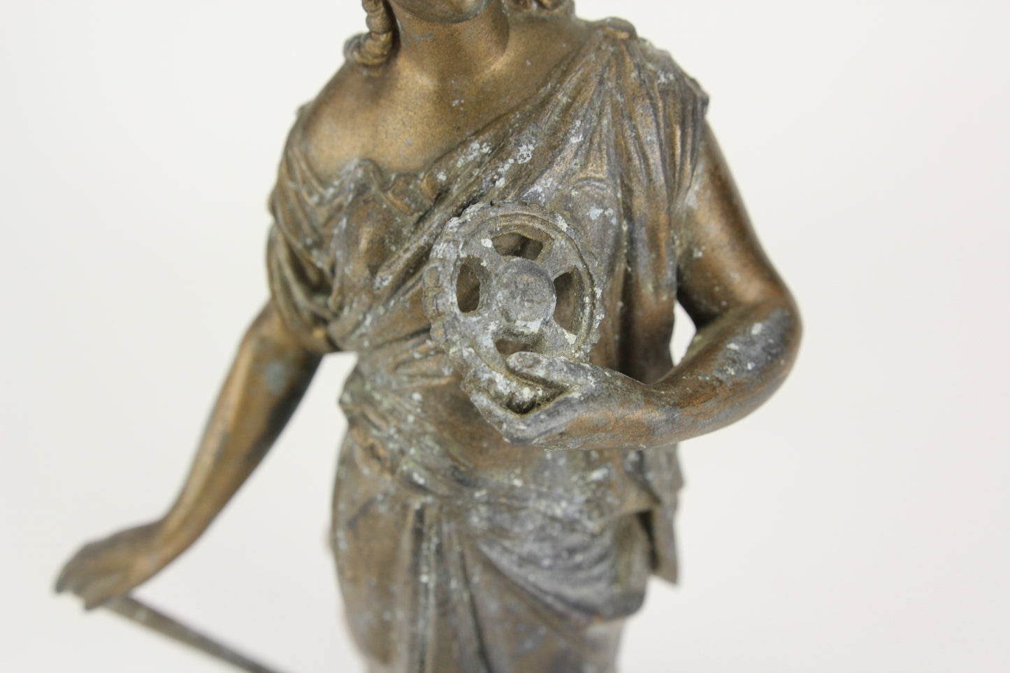 Antique Bronzed Pot Metal Clock Topper Statue of Goddess with a Gear and Blacksmith Hammer