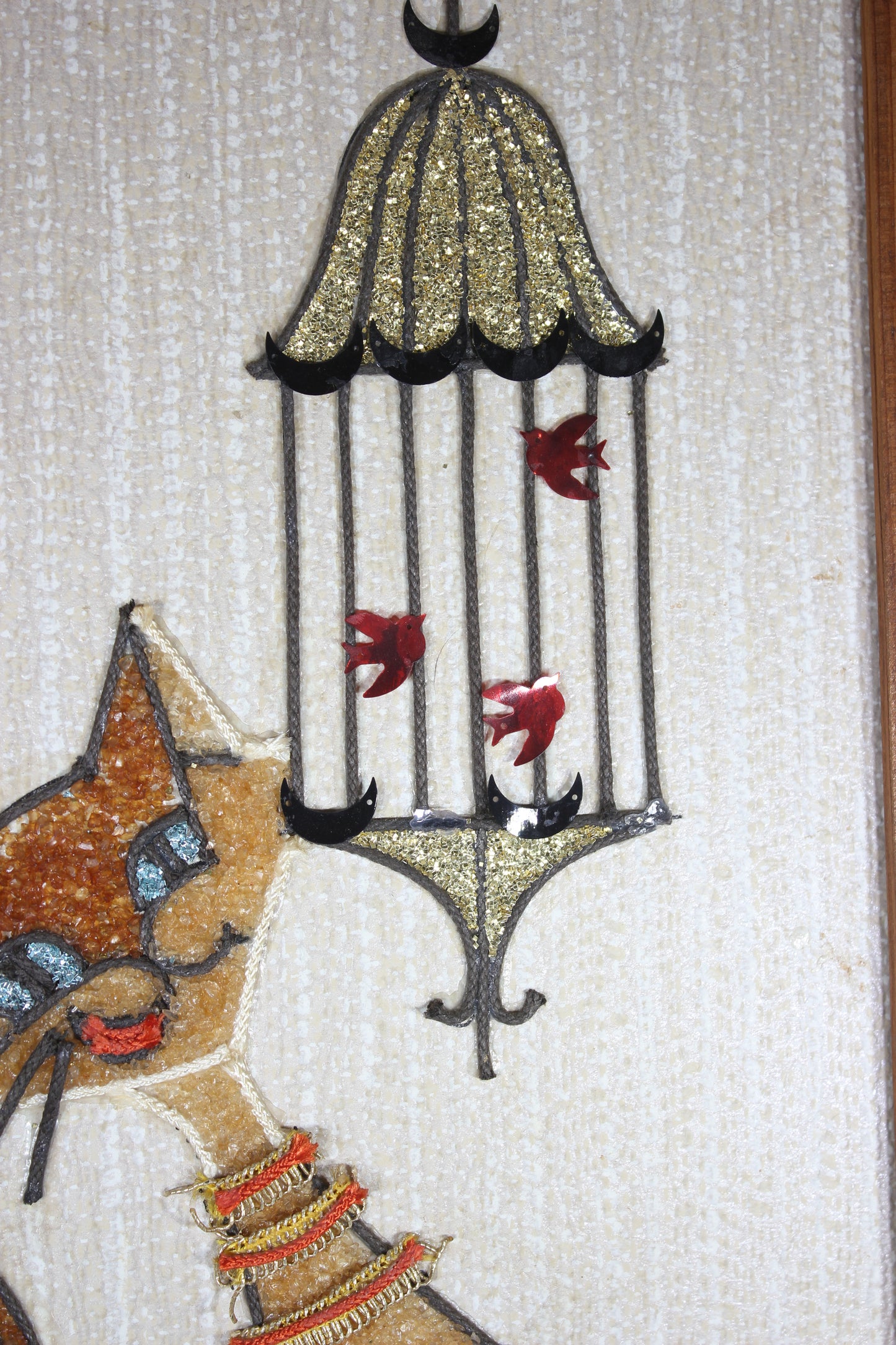 Mid-Century Cat with Bird Cage Wall Hanging, 9.5x18"