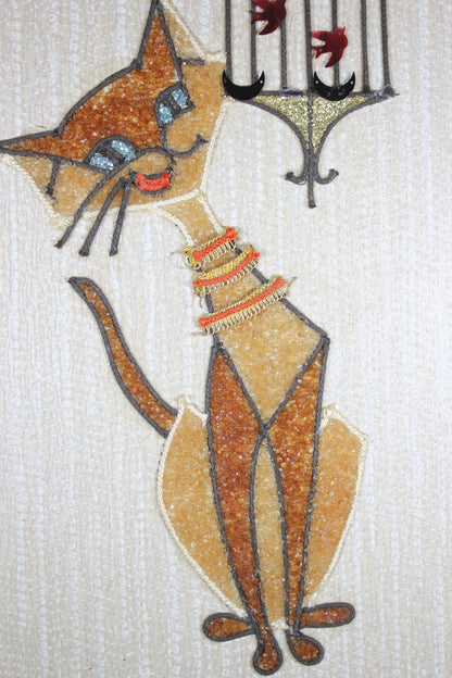 Mid-Century Cat with Bird Cage Wall Hanging, 9.5x18"