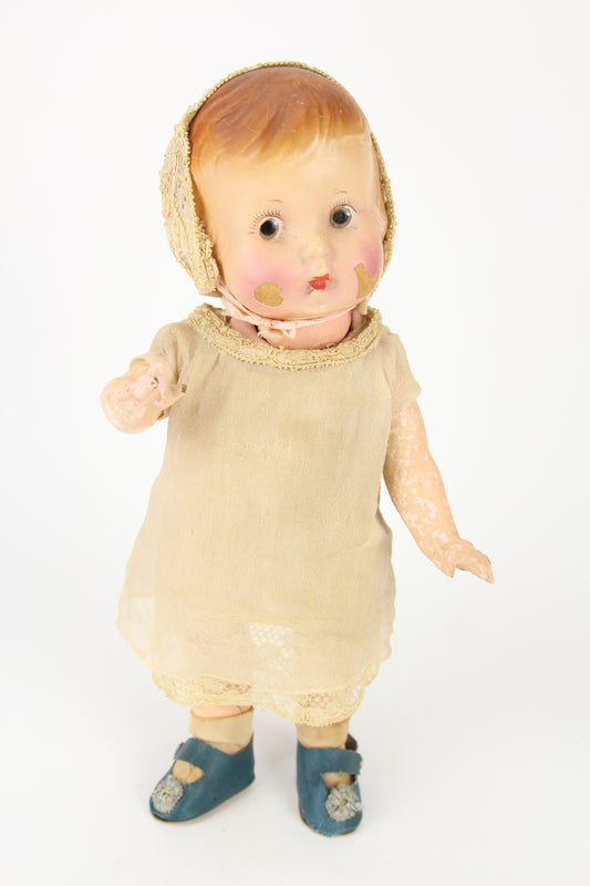 Cute Composition Baby Doll with Bonnet, Brown Eyes, and Blue Shoes, 12"