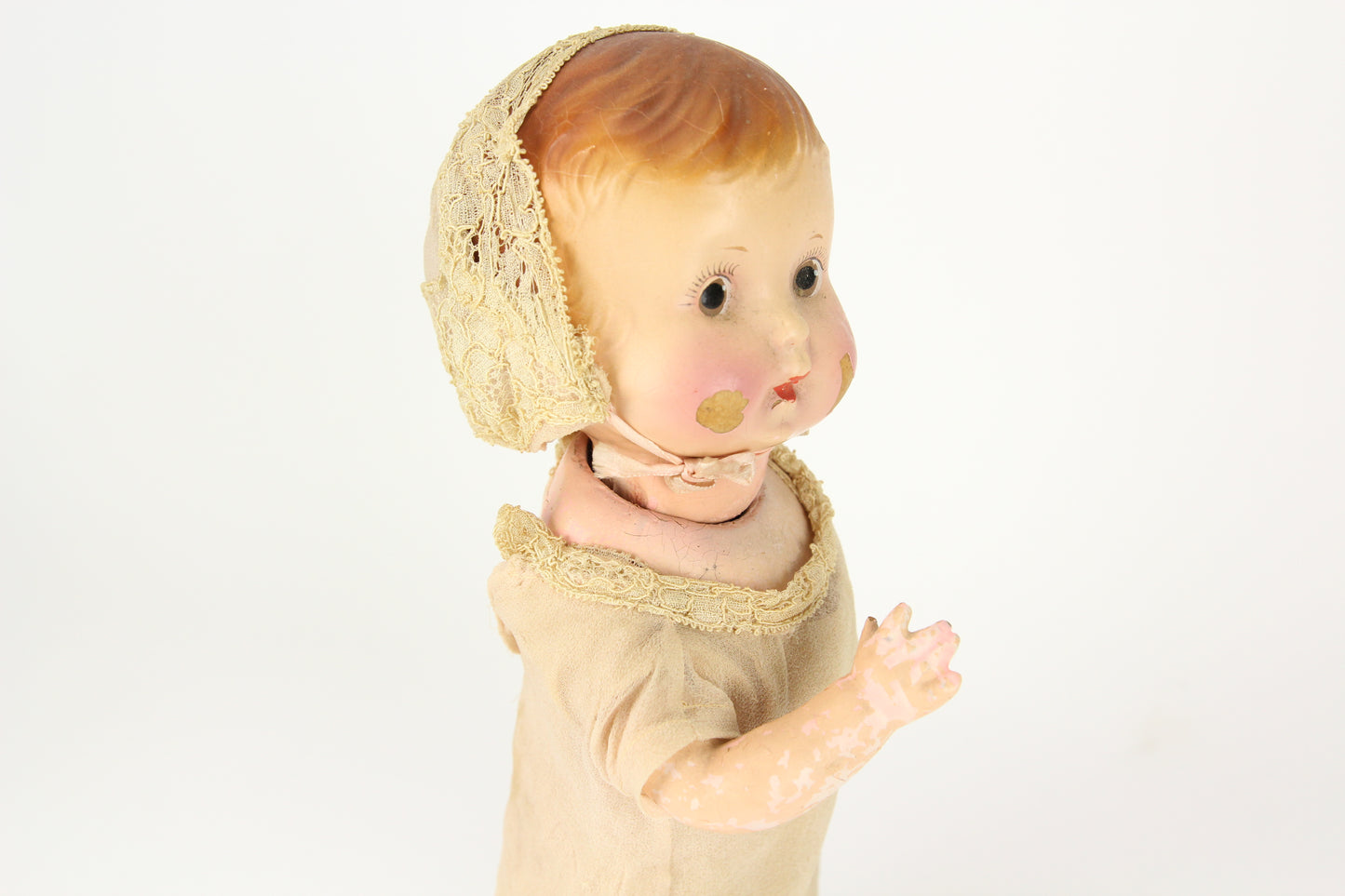 Cute Composition Baby Doll with Bonnet, Brown Eyes, and Blue Shoes, 12"