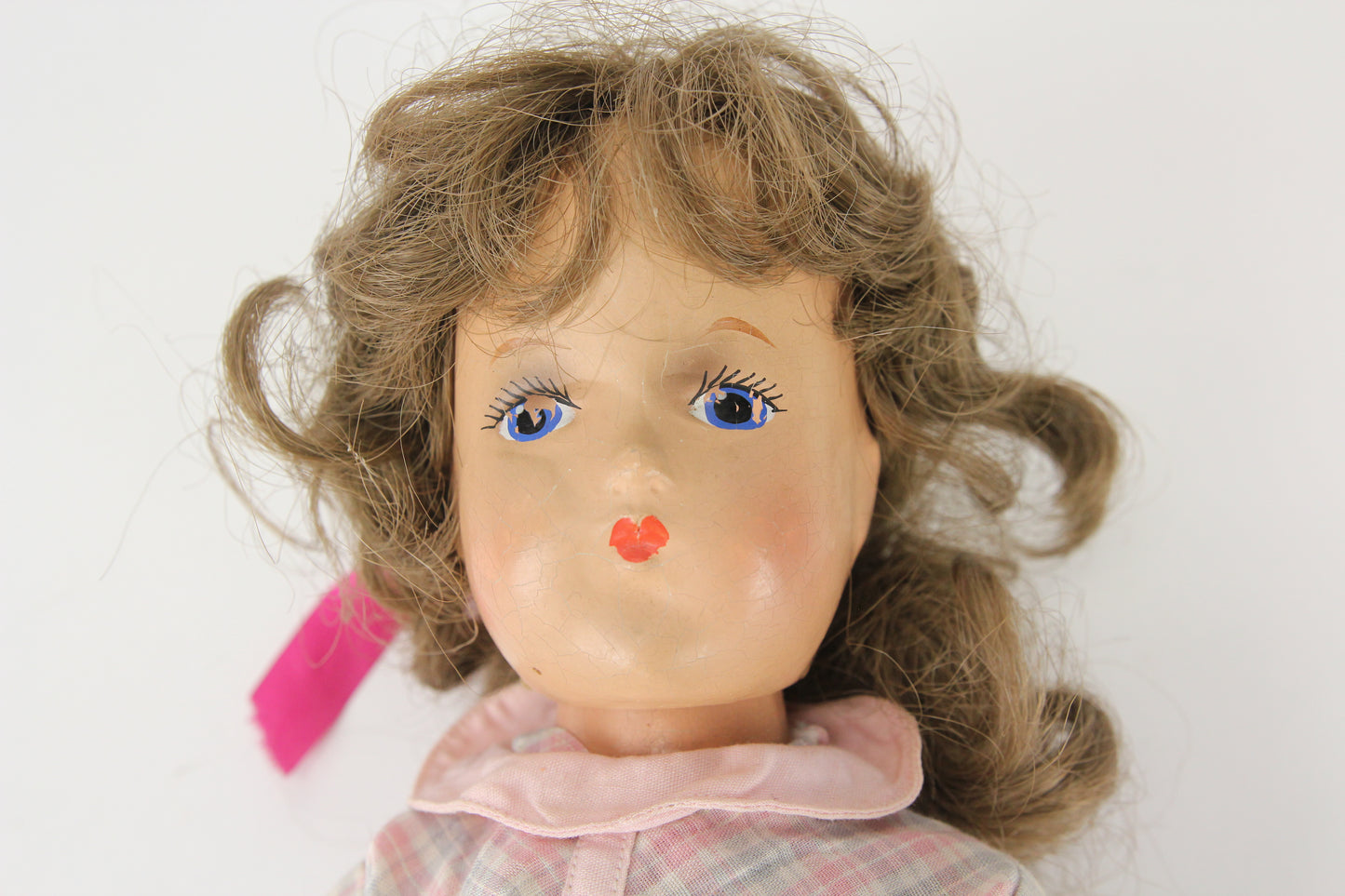 Composition Little Girl Baby Doll With Plaid Dress and Curly Brunette Wig, 15"