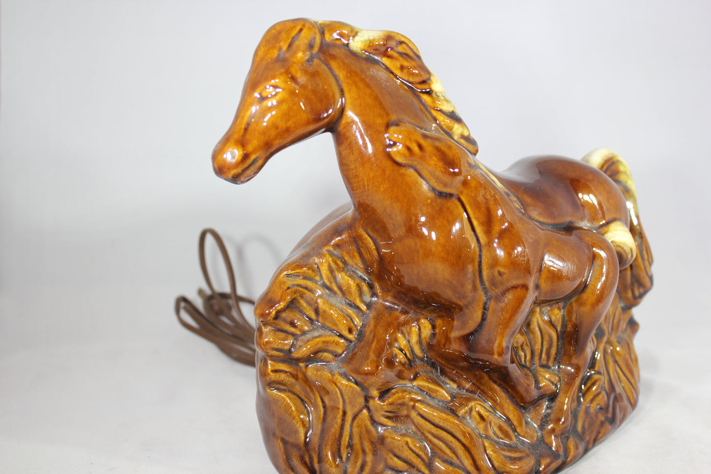 Mid-Century Galloping Horses Brown Ceramic TV Lamp