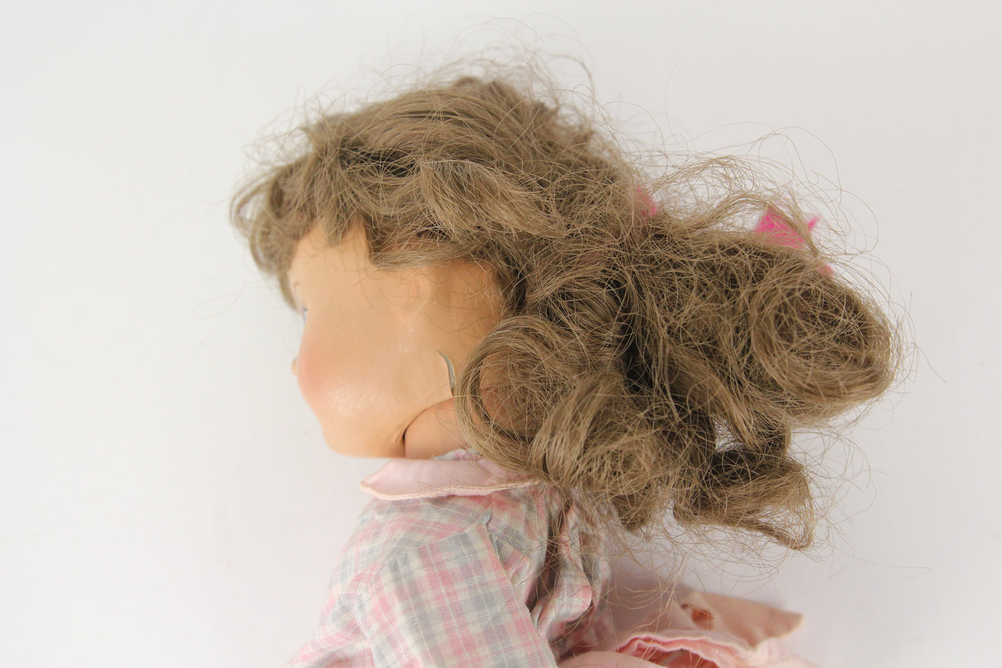 Composition Little Girl Baby Doll With Plaid Dress and Curly Brunette Wig, 15"