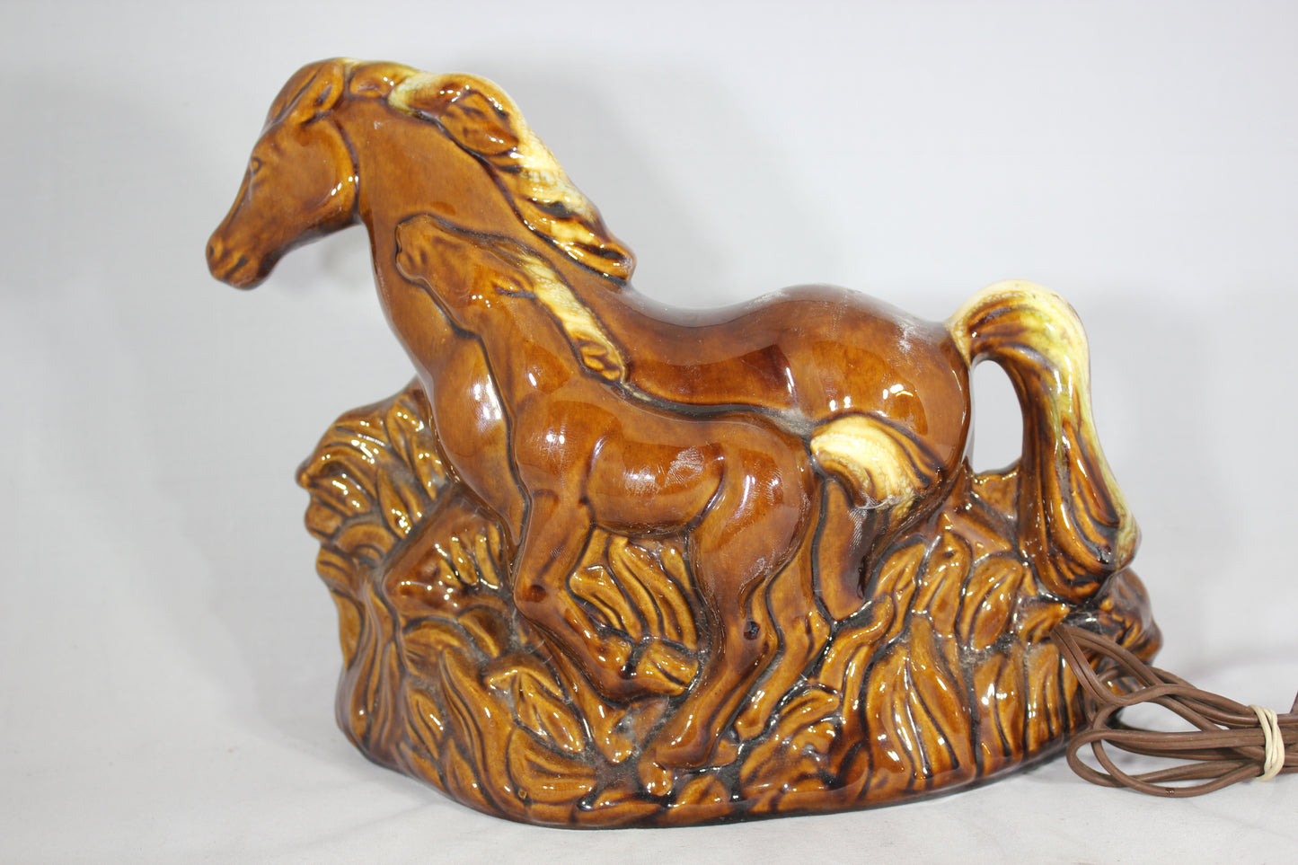 Mid-Century Galloping Horses Brown Ceramic TV Lamp