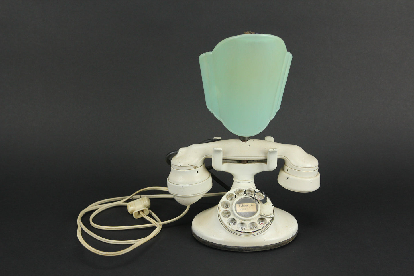 Antique White Rotary Phone Accent Lamp Conversion with Art Deco Green Shade