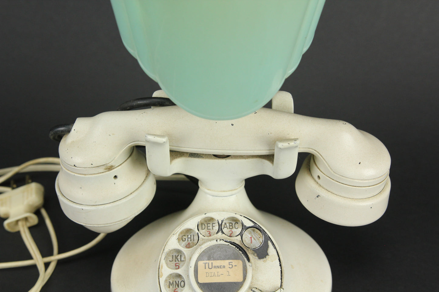 Antique White Rotary Phone Accent Lamp Conversion with Art Deco Green Shade