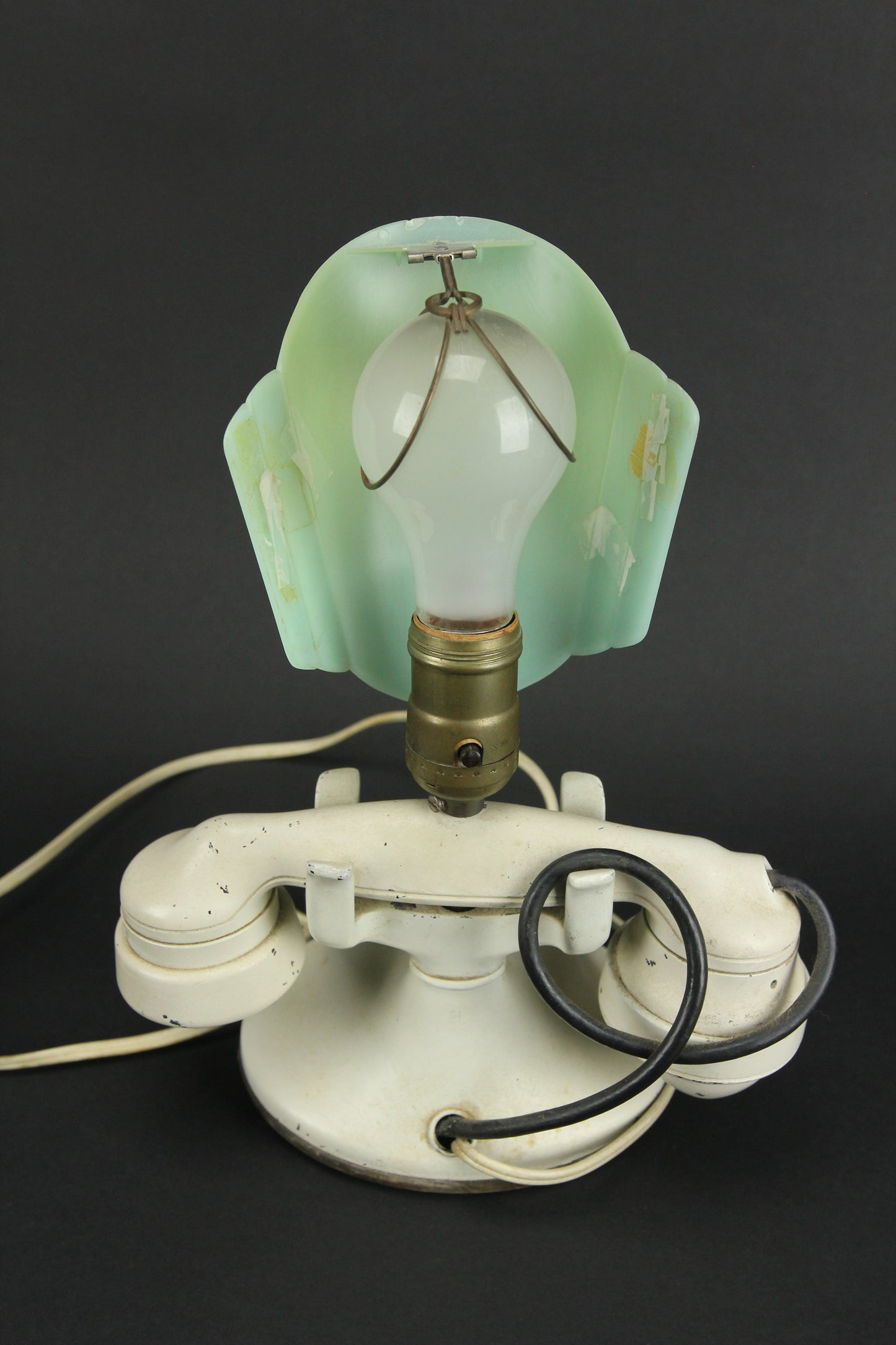 Antique White Rotary Phone Accent Lamp Conversion with Art Deco Green Shade