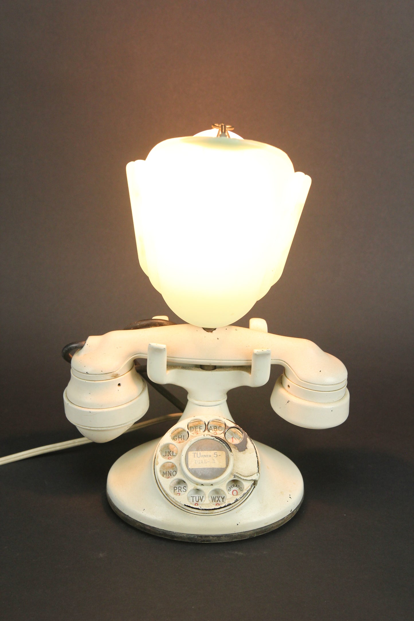 Antique White Rotary Phone Accent Lamp Conversion with Art Deco Green Shade