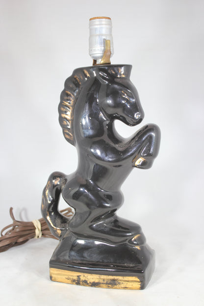 Mid-Century Black Ceramic Rearing Horse Lamp with Gold Accents