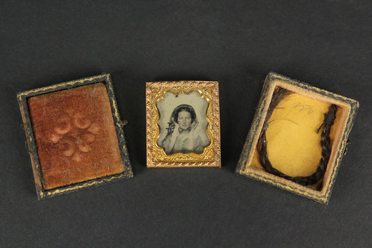 Antique 16th Plate Ambrotype Photograph of a Young Woman with a Lock of Her Braided Hair