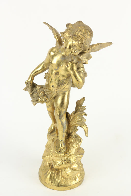 Antique Gold-Toned Pot Metal Clock Topper Statue of a Cherub