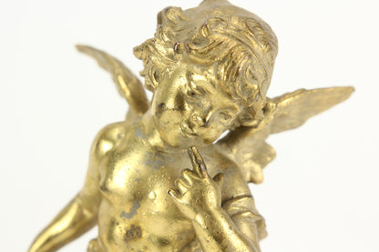 Antique Gold-Toned Pot Metal Clock Topper Statue of a Cherub