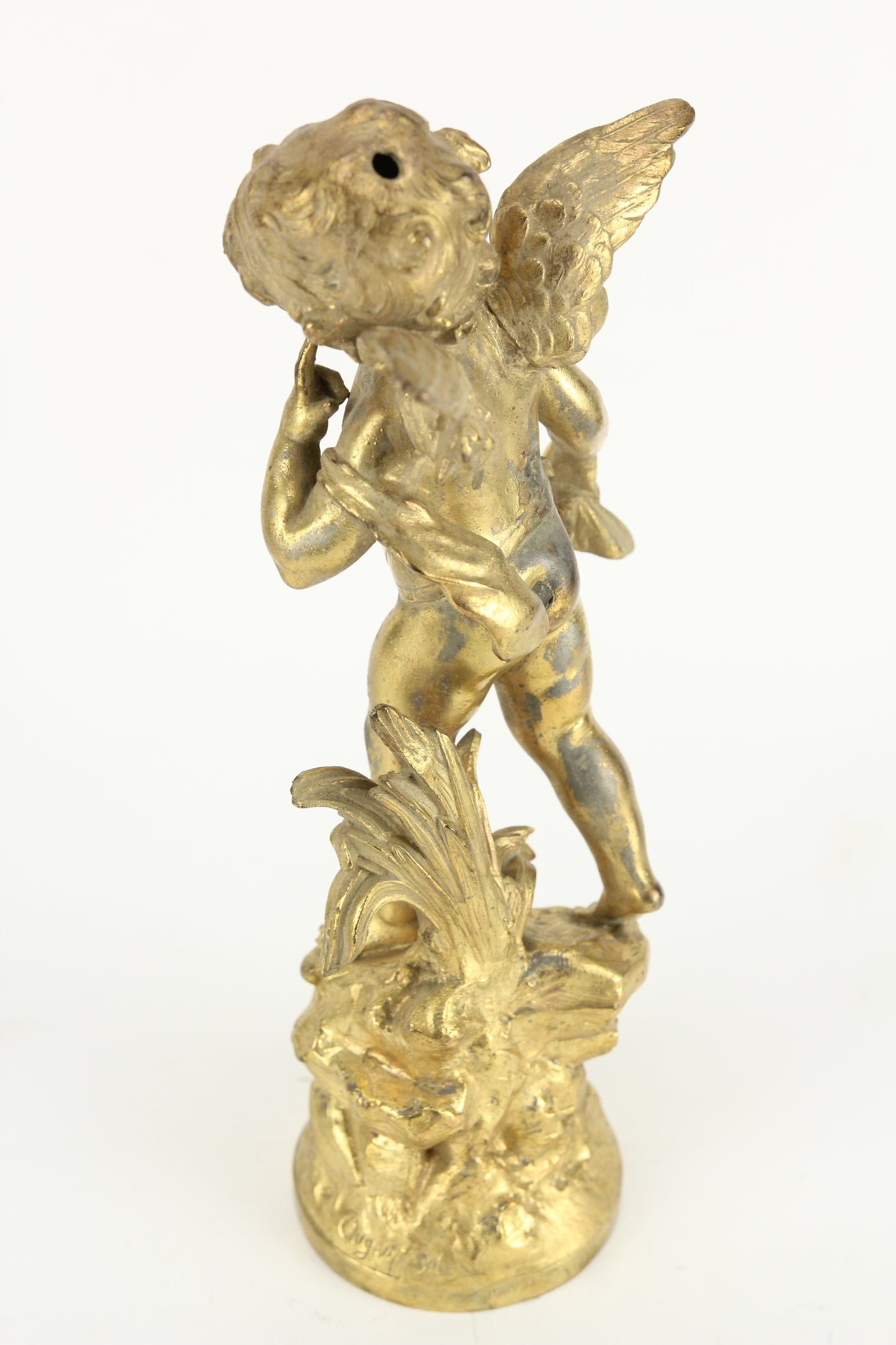 Antique Gold-Toned Pot Metal Clock Topper Statue of a Cherub